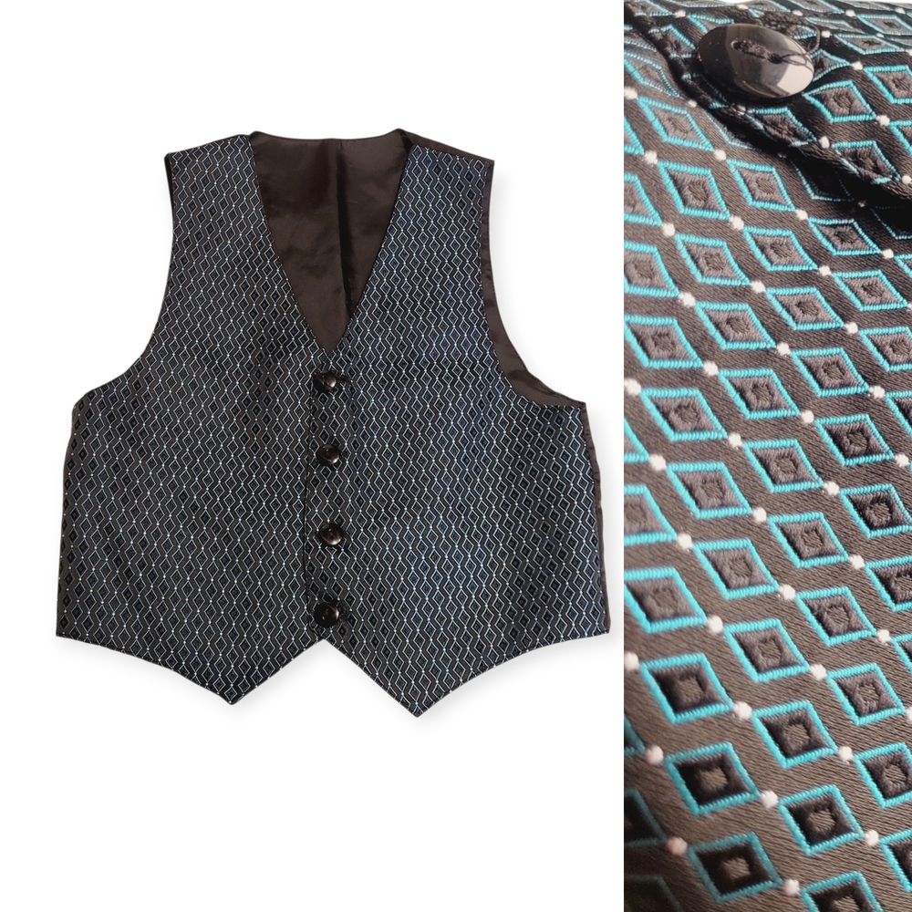 Vintage Boys Formal Jacquard Suit Vest Black and Blue Diamond Pattern Size 5